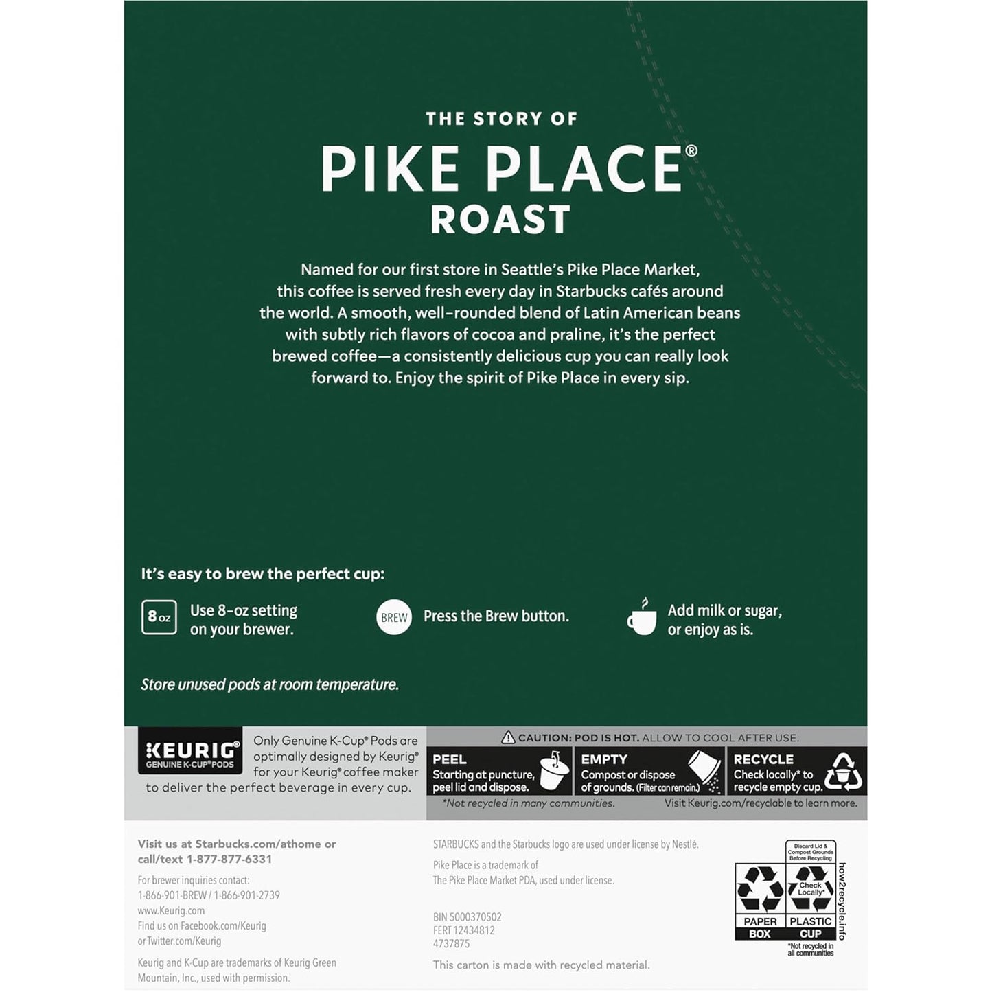 Starbucks K-Cup Coffee Pods, Medium Roast Coffee, Pike Place Roast for Keurig Brewers, 100% Arabica, 4 boxes (96 pods total)